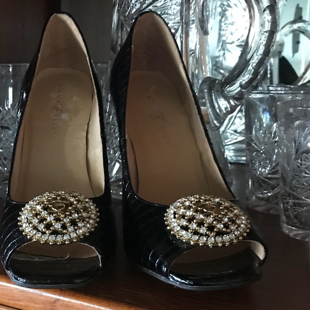 Diana & Kelly Black Patent Pumps W/ rhinestones